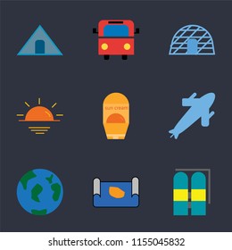 Set Of 9 simple icons such as Aqualung, Map, Travel, Plane, Sun protection, Sunset, Igloo, Bus, Tent, can be used for mobile, pixel perfect vector icon pack on black background