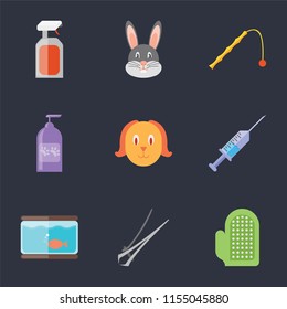 Set Of 9 simple icons such as Glove, Nail trimmer, Aquarium, Syringe, Dog, Shampoo, Toy, Rabbit, Spray, can be used for mobile, pixel perfect vector icon pack on black background