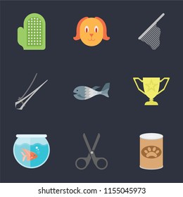 Set Of 9 simple icons such as Pet food, Scissors, Fishbowl, Trophy, Fish, Nail trimmer, Net, Dog, Glove, can be used for mobile, pixel perfect vector icon pack on black background