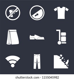 Set Of 9 simple icons such as Falling rocks, Jeans, Wifi, Trolley, Shoes, Paper bag, Shirt, Slope, Gun, can be used for mobile, pixel perfect vector icon pack on black background