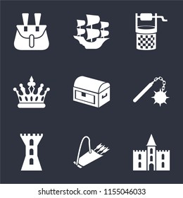 Set Of 9 simple icons such as Castle, Quiver, Tower, Morning star, Chest, Crown, Water well, Caravel, Belt pouch, can be used for mobile, pixel perfect vector icon pack on black background