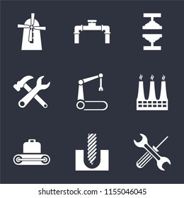 Set Of 9 simple icons such as Tools, Drill, Conveyor, Factory, Robotic arm, Machine press, Pipe, Mill, can be used for mobile, pixel perfect vector icon pack on black background