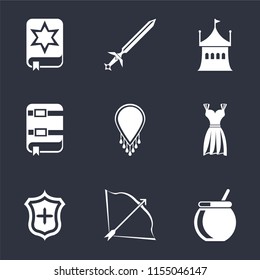 Set Of 9 simple icons such as Cauldron, Bow and arrow, Shield, Gown, Necklace, Book, Tent, Sword, Spellbook, can be used for mobile, pixel perfect vector icon pack on black background