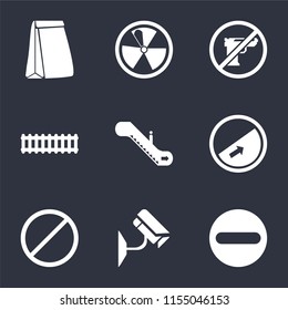 Set Of 9 simple icons such as Forbidden, Cctv, Slope, Escalator, Train, Gun, Radiation, Paper bag, can be used for mobile, pixel perfect vector icon pack on black background