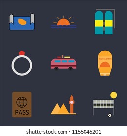 Set Of 9 simple icons such as Beach volleyball, Landmark, Passport, Sun protection, Minivan, Ring, Aqualung, Sunset, Map, can be used for mobile, pixel perfect vector icon pack on black background