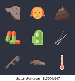 Set Of 9 simple icons such as Thermometer, Mouse, Comb, Nail trimmer, Glove, Drugs, Poop, Dog, can be used for mobile, pixel perfect vector icon pack on black background