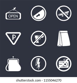 Set Of 9 simple icons such as No camera, Electricity, Purse, Paper bag, Gun, Parking, Skateboard, Slope, Open, can be used for mobile, pixel perfect vector icon pack on black background