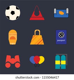 Set Of 9 simple icons such as Aqualung, Balloon, Binoculars, Passport, Bag, Sun protection, Map, Purse, Ball, can be used for mobile, pixel perfect vector icon pack on black background