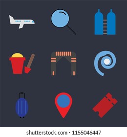 Set Of 9 simple icons such as Tickets, Location, Luggage, Seashell, Arch, Sand bucket, Oxygen, Search, Airplane, can be used for mobile, pixel perfect vector icon pack on black background