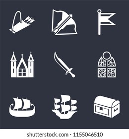 Set Of 9 simple icons such as Chest, Caravel, Ship, Stained glass, Sword, Church, Flag, Crossbow, Quiver, can be used for mobile, pixel perfect vector icon pack on black background