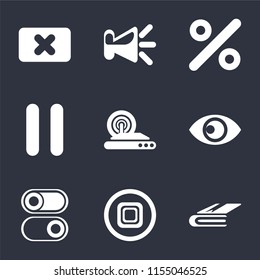 Set Of 9 simple icons such as Notebook, Stop, Switch, View, Wireless internet, Pause, Percent, Speaker, Close, can be used for mobile, pixel perfect vector icon pack on black background