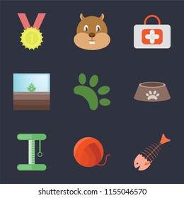Set Of 9 simple icons such as Fish bone, Yarn, Platform, Dog food, Animal, Terrarium, First aid, Hamster, Winner, can be used for mobile, pixel perfect vector icon pack on black background