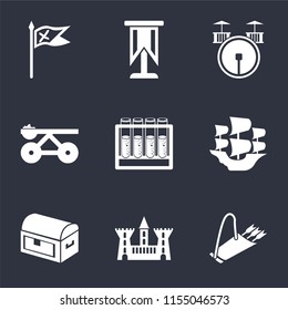 Set Of 9 simple icons such as Quiver, Castle, Chest, Caravel, Alchemy, Trebuchet, Drum, Standard, Flag, can be used for mobile, pixel perfect vector icon pack on black background