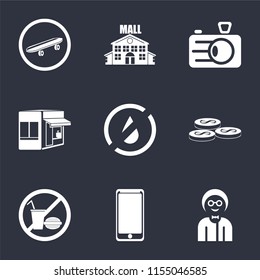 Set Of 9 simple icons such as Boy, Smarthphone, No food, Coins, water, Store, Camera, Mall, Skateboard, can be used for mobile, pixel perfect vector icon pack on black background