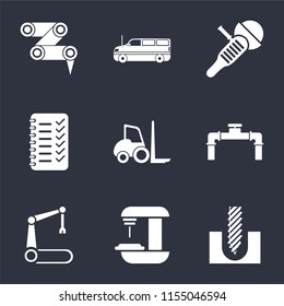 Set Of 9 simple icons such as Drill, Machine, Robotic arm, Pipe, Forklift, Planning, Sanding machine, Cargo truck, Robot can be used for mobile, pixel perfect vector icon pack on black