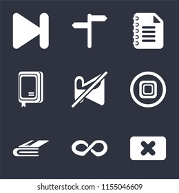 Set Of 9 simple icons such as Close, Infinity, Notebook, Stop, Muted, Notepad, Next, can be used for mobile, pixel perfect vector icon pack on black background
