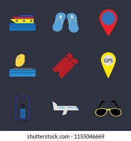 Set Of 9 simple icons such as Sunglasses, Airplane, Bellhop, Gps, Tickets, Parasailing, Location, Flip flops, Cruise, can be used for mobile, pixel perfect vector icon pack on black background