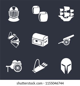 Set Of 9 simple icons such as Helmet, Quiver, Wheelbarrow, Cannon, Chest, Crossbow, Caravel, Beer, can be used for mobile, pixel perfect vector icon pack on black background