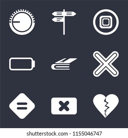Set Of 9 simple icons such as Dislike, Close, Equal, Multiply, Notebook, Battery, Stop, Street, Volume control, can be used for mobile, pixel perfect vector icon pack on black background