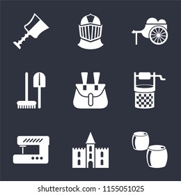 Set Of 9 simple icons such as Beer, Castle, Sewing machine, Water well, Belt pouch, Tools, Wheelbarrow, Helmet, Cup, can be used for mobile, pixel perfect vector icon pack on black background