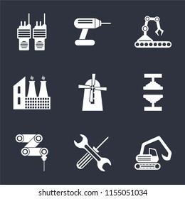 Set Of 9 simple icons such as Digger, Tools, Drilling machine, Machine press, Mill, Factory, Conveyor, Drill, Walkie talkie, can be used for mobile, pixel perfect vector icon pack on black background