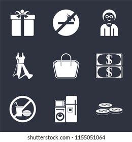 Set Of 9 simple icons such as Coins, Electrical appliances, No food, Money, Tote bag, Dress, Boy, smoking, Gift, can be used for mobile, pixel perfect vector icon pack on black background