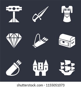 Set Of 9 simple icons such as Caravel, Castle, Quiver, Chest, Jewelry, Tunic, Dagger, Pillory, can be used for mobile, pixel perfect vector icon pack on black background