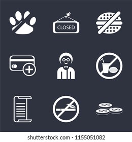 Set Of 9 simple icons such as Coins, No smoking, List, food, Boy, Cit card, fast Closed, pets, can be used for mobile, pixel perfect vector icon pack on black background