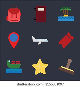 Set Of 9 simple icons such as Stamp, Starfish, Ship, Tickets, Airplane, Location, Island, Notebook, Backpack, can be used for mobile, pixel perfect vector icon pack on black background