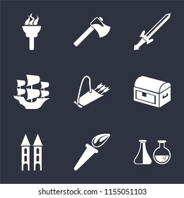Set Of 9 simple icons such as Alchemy, Torch, Tower, Chest, Quiver, Caravel, Sword, Axe, can be used for mobile, pixel perfect vector icon pack on black background