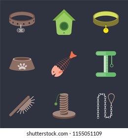 Set Of 9 simple icons such as Leash, Scratching, Brush, Platform, Fish bone, Dog food, Collar, Birdhouse, can be used for mobile, pixel perfect vector icon pack on black background