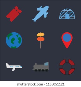 Set Of 9 simple icons such as Lifebuoy, Railway, Airplane, Location, Pointer, Travel, Igloo, Plane, Tickets, can be used for mobile, pixel perfect vector icon pack on black background