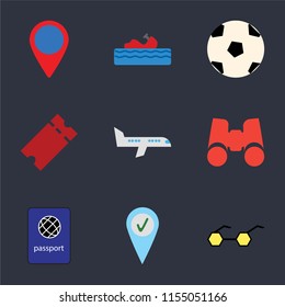 Set Of 9 simple icons such as Sunglasses, Check in, Passport, Binoculars, Airplane, Tickets, Ball, Water craft, Location, can be used for mobile, pixel perfect vector icon pack on black background