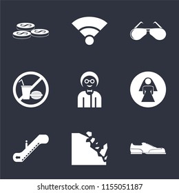 Set Of 9 simple icons such as Shoes, Falling rocks, Escalator, Restroom, Boy, No food, Glasses, Wifi, Coins, can be used for mobile, pixel perfect vector icon pack on black background