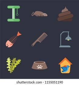 Set Of 9 simple icons such as Bird house, Dog food, Seaweed, Lamp, Comb, Fish bone, Poop, Mouse, Platform, can be used for mobile, pixel perfect vector icon pack on black background