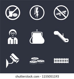 Set Of 9 simple icons such as Train, Coins, Cctv, Escalator, Purse, Boy, Skateboard, Electricity, No food, can be used for mobile, pixel perfect vector icon pack on black background