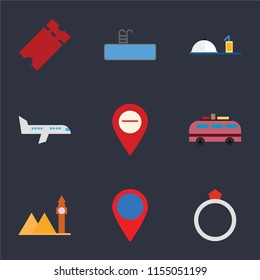 Set Of 9 simple icons such as Ring, Location, Landmark, Minivan, Map, Airplane, Room service, Swimming pool, Tickets, can be used for mobile, pixel perfect vector icon pack on black background