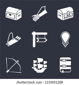 Set Of 9 simple icons such as Book, Caravel, Bow and arrow, Necklace, Quiver, Chest, Gauntlet, can be used for mobile, pixel perfect vector icon pack on black background