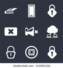 Set Of 9 simple icons such as Lock, Stop, Locked, Cloud computing, Mute, Close, Unlocked, Smartphone, Notebook, can be used for mobile, pixel perfect vector icon pack on black background