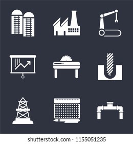 Set Of 9 simple icons such as Pipe, print, Oilfield, Drill, Saw, Planning, Robotic arm, Factory, Silo, can be used for mobile, pixel perfect vector icon pack on black background