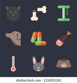 Set Of 9 simple icons such as Dog food, Rabbit, Thermometer, Fish bone, Drugs, Dog, Platform, Bone, Cat, can be used for mobile, pixel perfect vector icon pack on black background