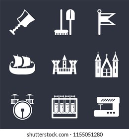 Set Of 9 simple icons such as Sewing machine, Alchemy, Drum, Church, Castle, Ship, Flag, Tools, Cup, can be used for mobile, pixel perfect vector icon pack on black background