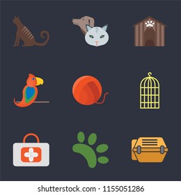 Set Of 9 simple icons such as Animal carrier, Animal, First aid, Bird cage, Yarn, Parrot, Kennel, Pet, Cat, can be used for mobile, pixel perfect vector icon pack on black background