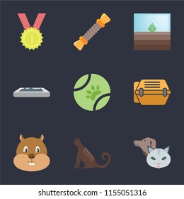 Set Of 9 simple icons such as Pet, Cat, Hamster, Animal carrier, Ball, Litter box, Terrarium, Rope, Winner, can be used for mobile, pixel perfect vector icon pack on black background