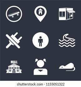 Set Of 9 simple icons such as Rats, Girl, Mall, Wave, Restroom, No plug, Store, Location, Skateboard, can be used for mobile, pixel perfect vector icon pack on black background