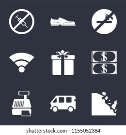 Set Of 9 simple icons such as Falling rocks, Bus, Cashier machine, Money, Gift, Wifi, No smoking, Shoes, drugs, can be used for mobile, pixel perfect vector icon pack on black background