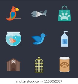 Set Of 9 simple icons such as Pet food, Bird cage, Kennel, Drops, Bird, Fishbowl, Shopping bag, Fish, Parrot, can be used for mobile, pixel perfect vector icon pack on black background