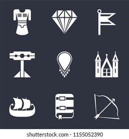 Set Of 9 simple icons such as Bow and arrow, Book, Ship, Church, Necklace, Pillory, Flag, Jewelry, Tunic, can be used for mobile, pixel perfect vector icon pack on black background
