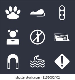 Set Of 9 simple icons such as Warning, Wave, Magnet, Mall, No alcohol, Girl, Traffic light, Rats, Pet, can be used for mobile, pixel perfect vector icon pack on black background