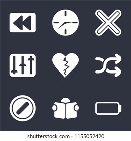 Set Of 9 simple icons such as Battery, Reading, Forbidden, Shuffle, Dislike, Controls, Multiply, Clock, Rewind, can be used for mobile, pixel perfect vector icon pack on black background